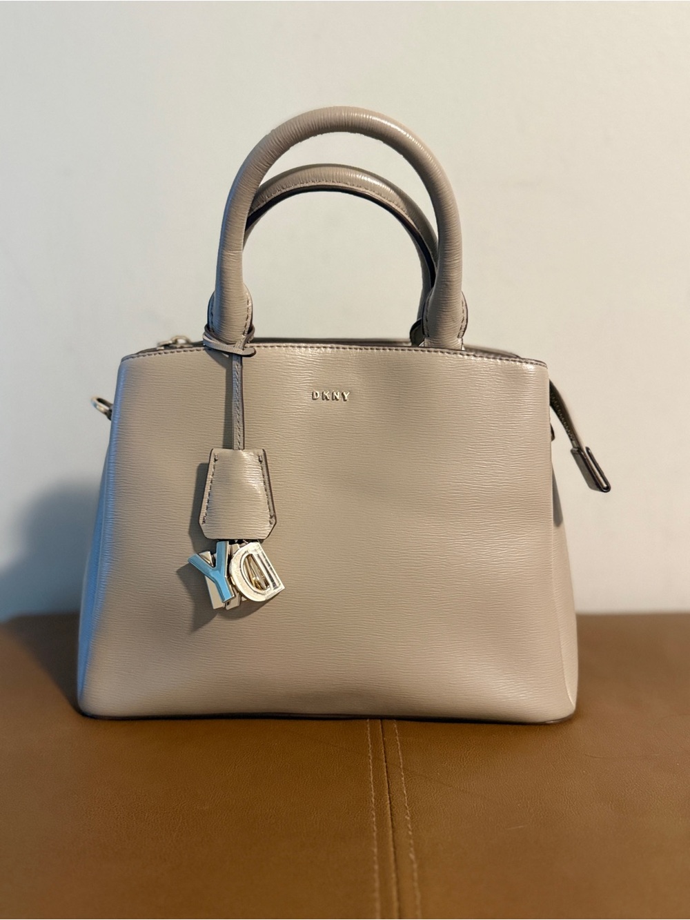 DKNY Neutral Taupe Leather Satchel with Charm